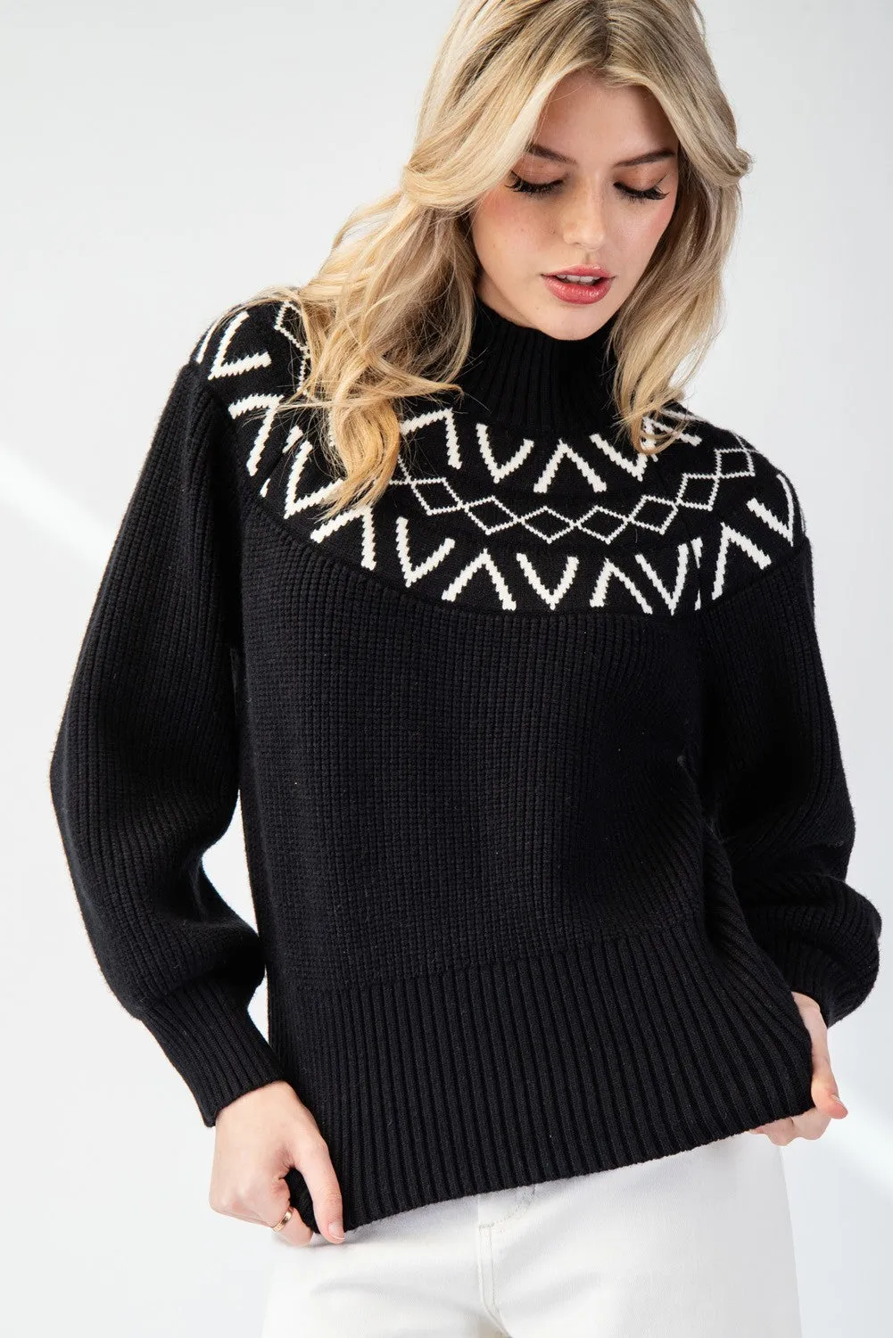 GEOMETRIC MOCK NECK SWEATER