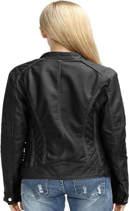 Giolshon Faux Leather Jacket Women Motorcycle PU Coat with Pockets