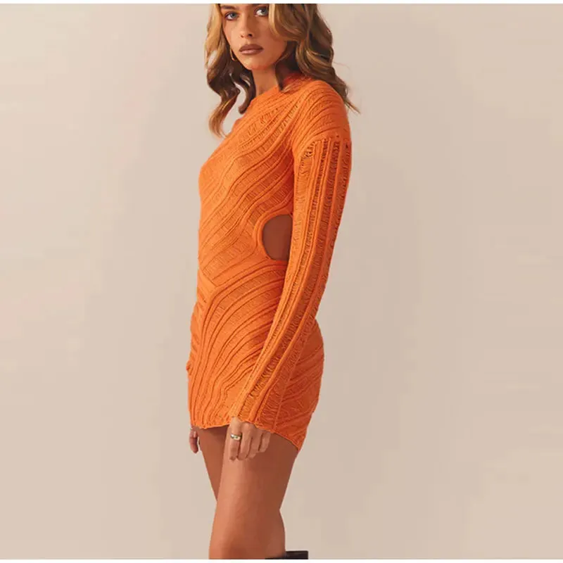 Hollow Out Long Sleeve Knitted Mini Dress