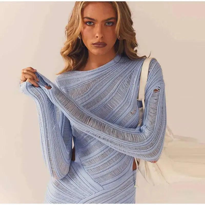 Hollow Out Long Sleeve Knitted Mini Dress