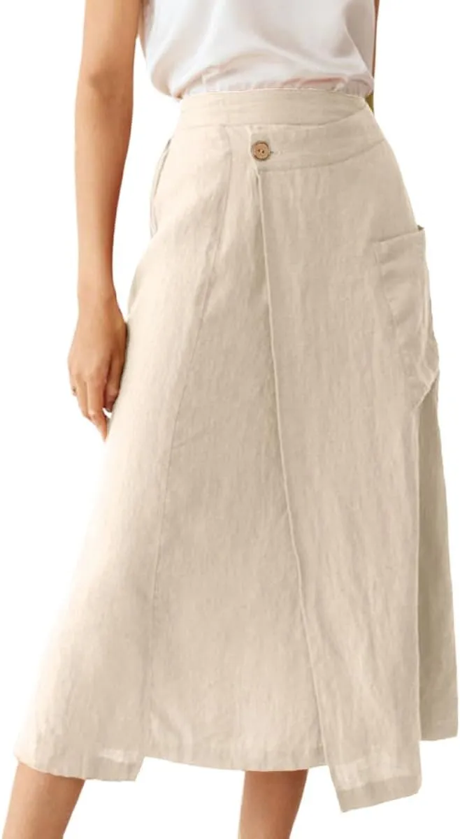 IDEALSANXUN Linen Skirts for Women Summer Casual Cotton A Line Elastic High Waisted Midi Skirts with Pockets