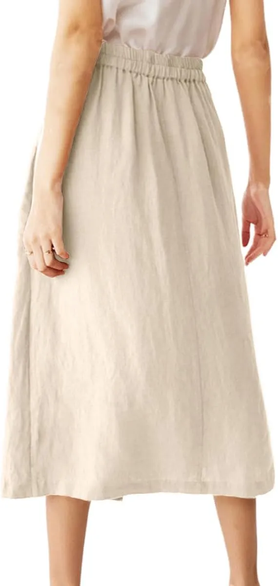 IDEALSANXUN Linen Skirts for Women Summer Casual Cotton A Line Elastic High Waisted Midi Skirts with Pockets
