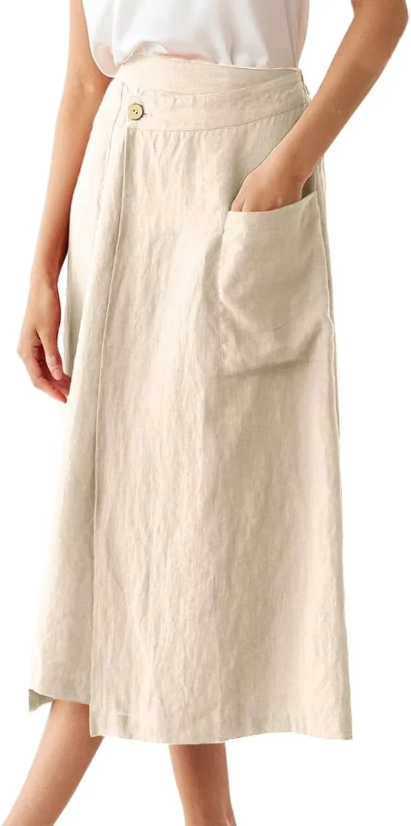IDEALSANXUN Linen Skirts for Women Summer Casual Cotton A Line Elastic High Waisted Midi Skirts with Pockets