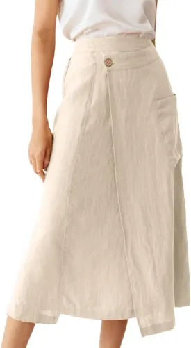 IDEALSANXUN Linen Skirts for Women Summer Casual Cotton A Line Elastic High Waisted Midi Skirts with Pockets