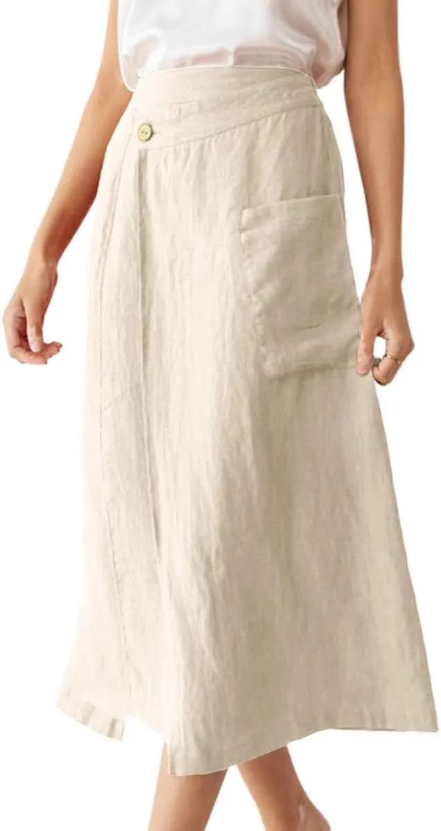 IDEALSANXUN Linen Skirts for Women Summer Casual Cotton A Line Elastic High Waisted Midi Skirts with Pockets