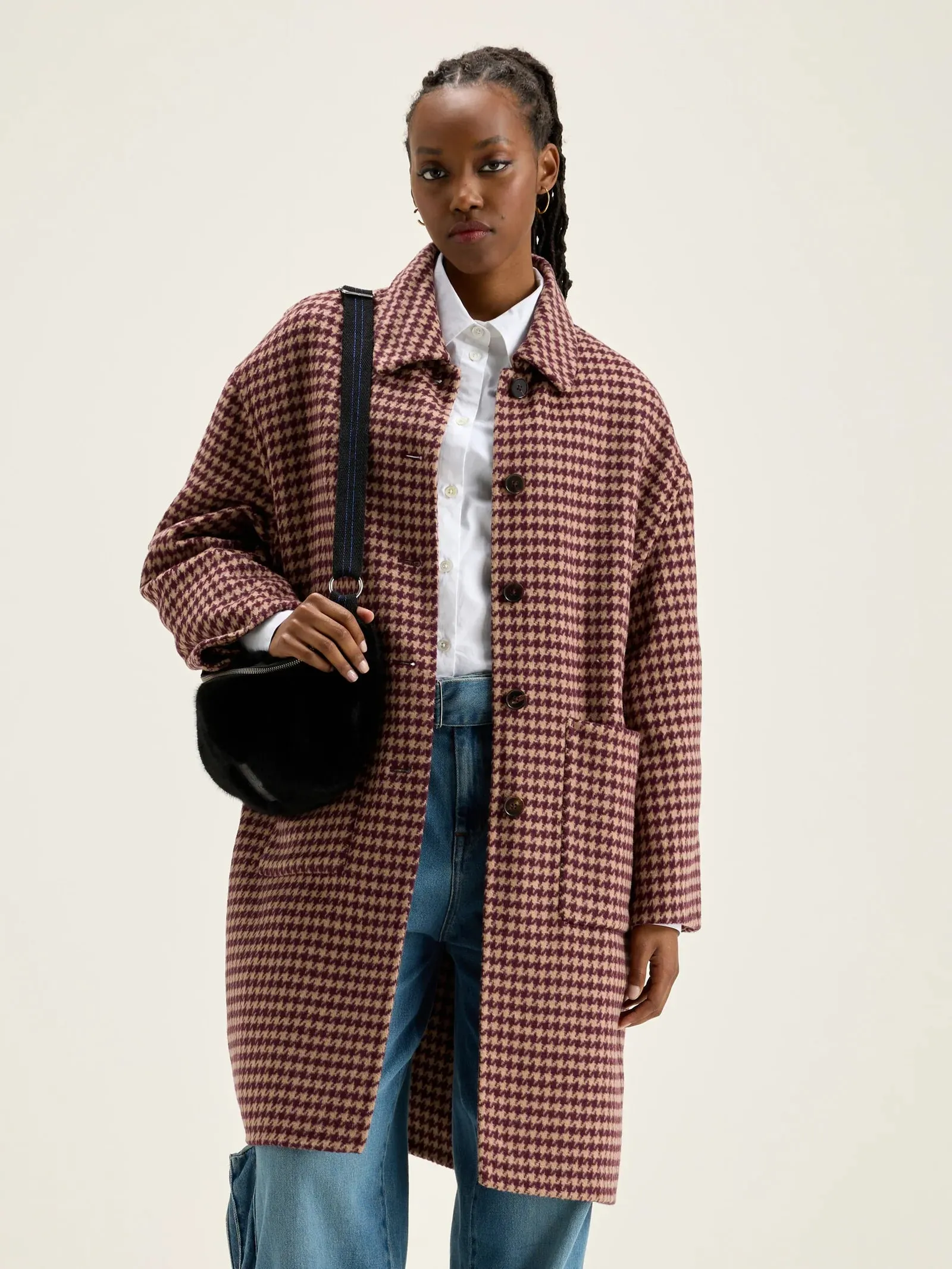 Joanne Ecru/Maroon Houndsthooth Coat