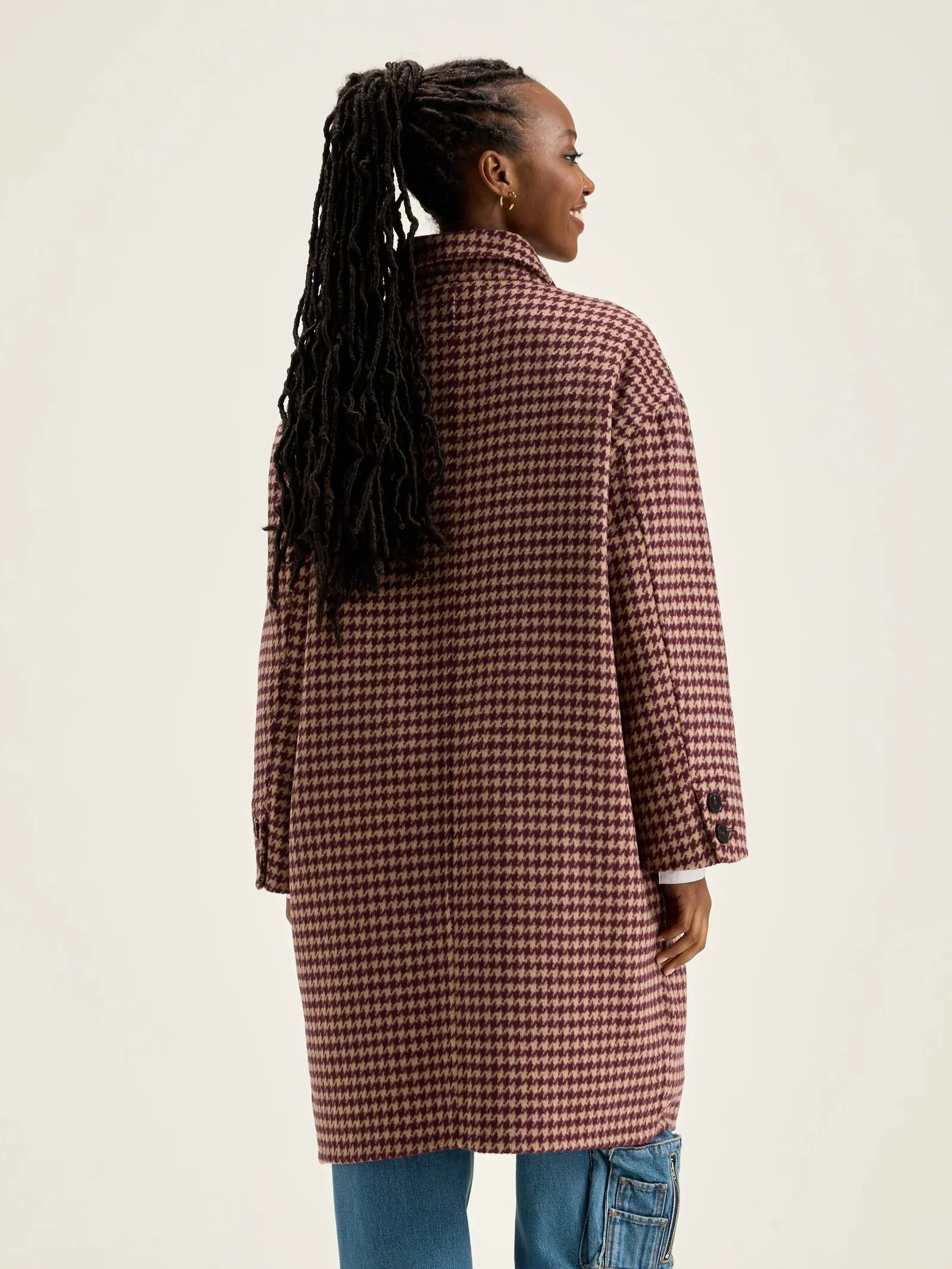 Joanne Ecru/Maroon Houndsthooth Coat