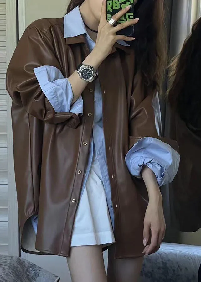 Loose Coffee Peter Pan Collar Button Faux Leather Jackets Long Sleeve ML2223