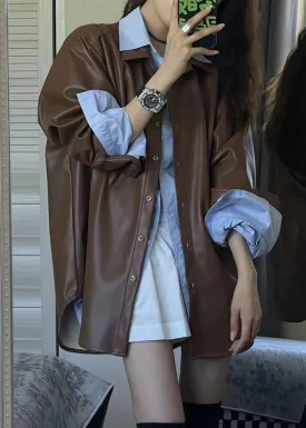 Loose Coffee Peter Pan Collar Button Faux Leather Jackets Long Sleeve ML2223