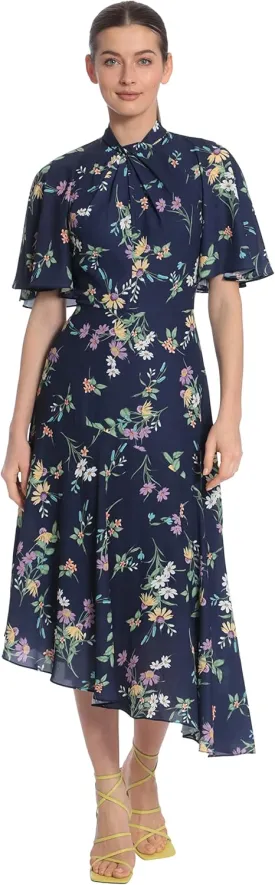 Maggy London Women's Floral Printed Flutter Sleeve Midi Dress with Twist Mock Neck and Asymmetrical Hem