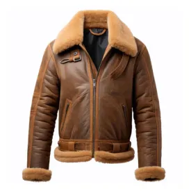 Men's Brown B3 Faux Shearling Zipper Pockets Leather Jacket
