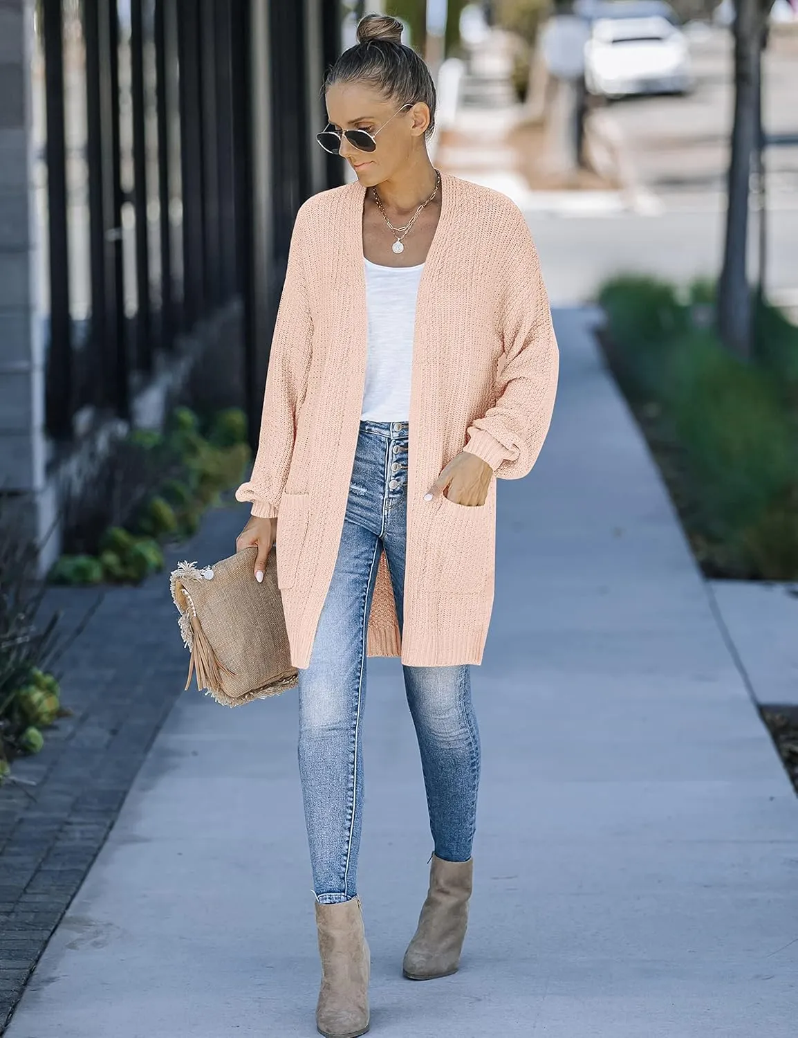 MEROKEETY Women's 2024 Fall Open Front Chunky Knit Sweater Oversized Lantern Sleeve Cardigan Outwear