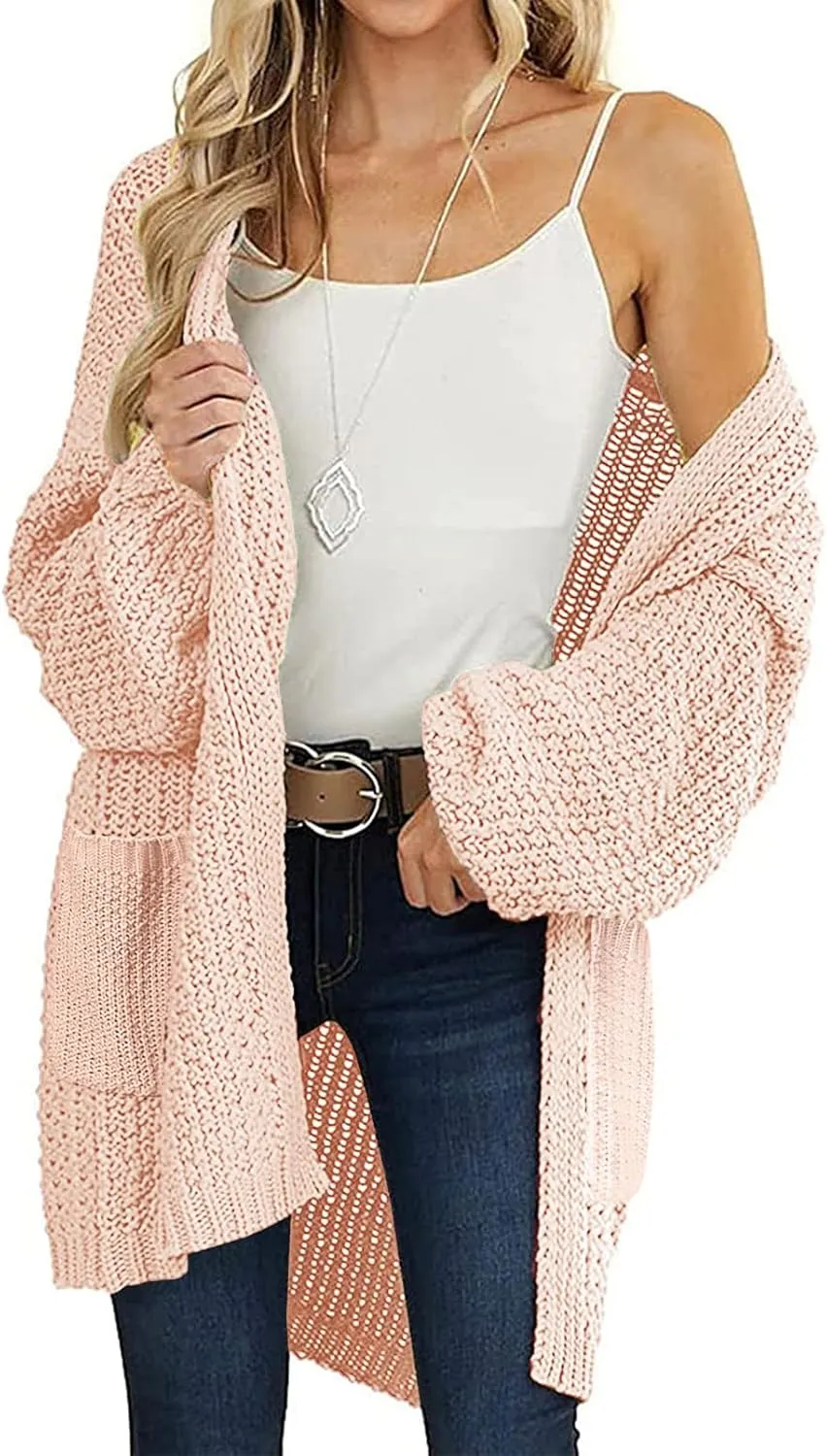 MEROKEETY Women's 2024 Fall Open Front Chunky Knit Sweater Oversized Lantern Sleeve Cardigan Outwear