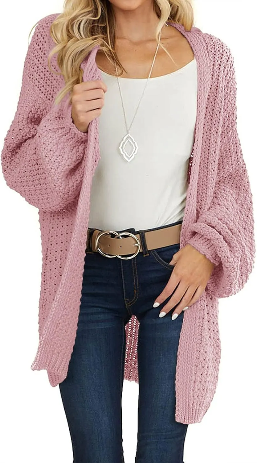 MEROKEETY Women's 2024 Fall Open Front Chunky Knit Sweater Oversized Lantern Sleeve Cardigan Outwear