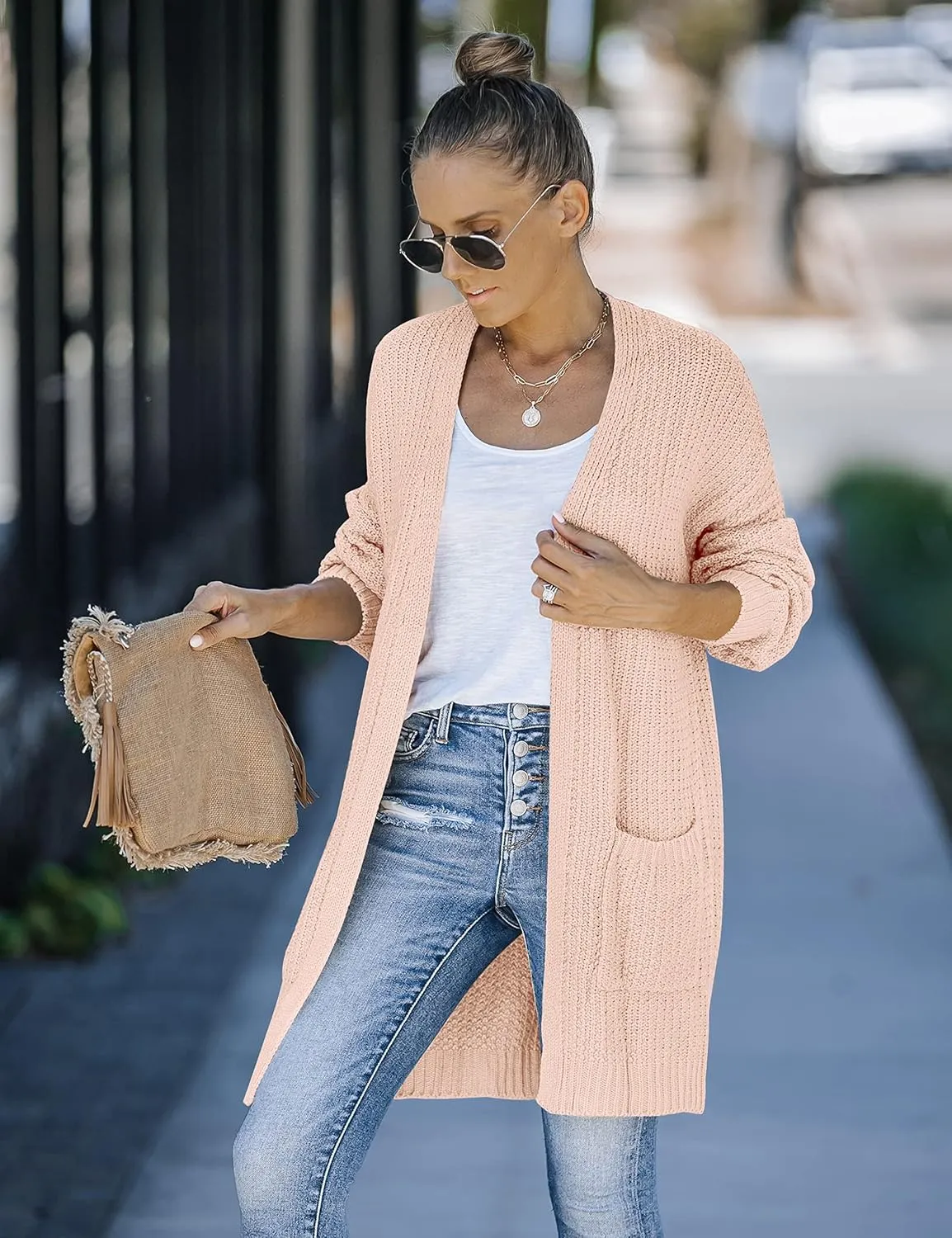 MEROKEETY Women's 2024 Fall Open Front Chunky Knit Sweater Oversized Lantern Sleeve Cardigan Outwear