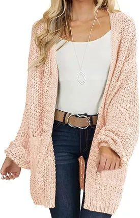 MEROKEETY Women's 2024 Fall Open Front Chunky Knit Sweater Oversized Lantern Sleeve Cardigan Outwear