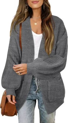 MEROKEETY Women's Fall Open Front Long Lantern Sleeve Cardigan Oversized Chunky Outwear with Pocket