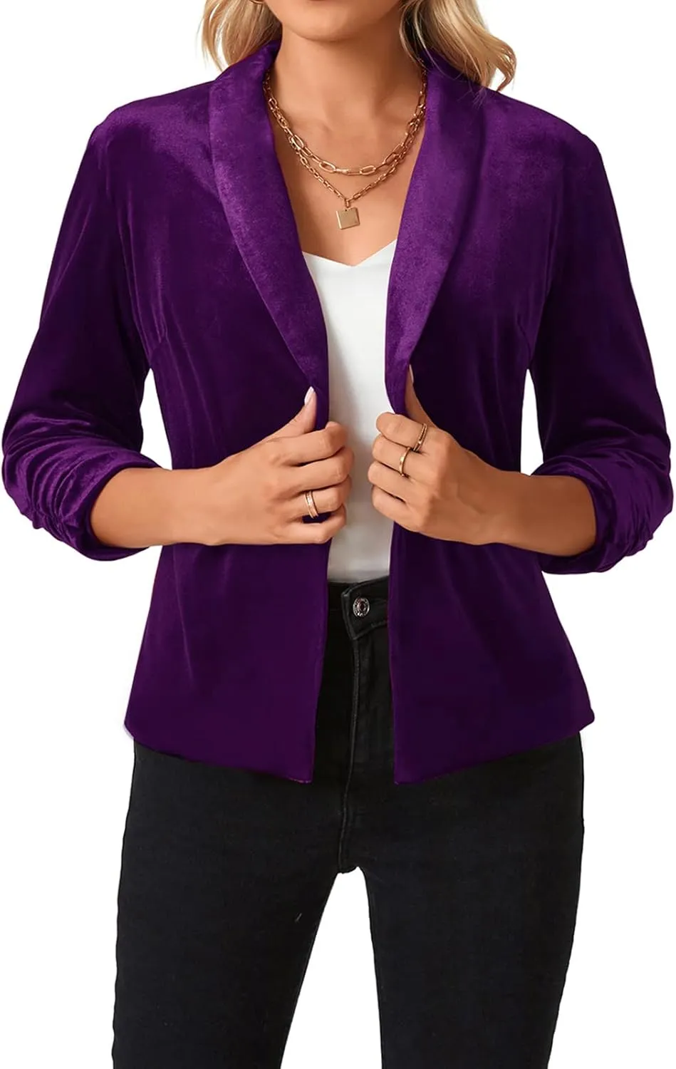 MINTLIMIT Women's Velvet Blazer 3/4 Ruched Sleeve Open Front Blazers Casual Lightweight Shawl Lapel Jackets