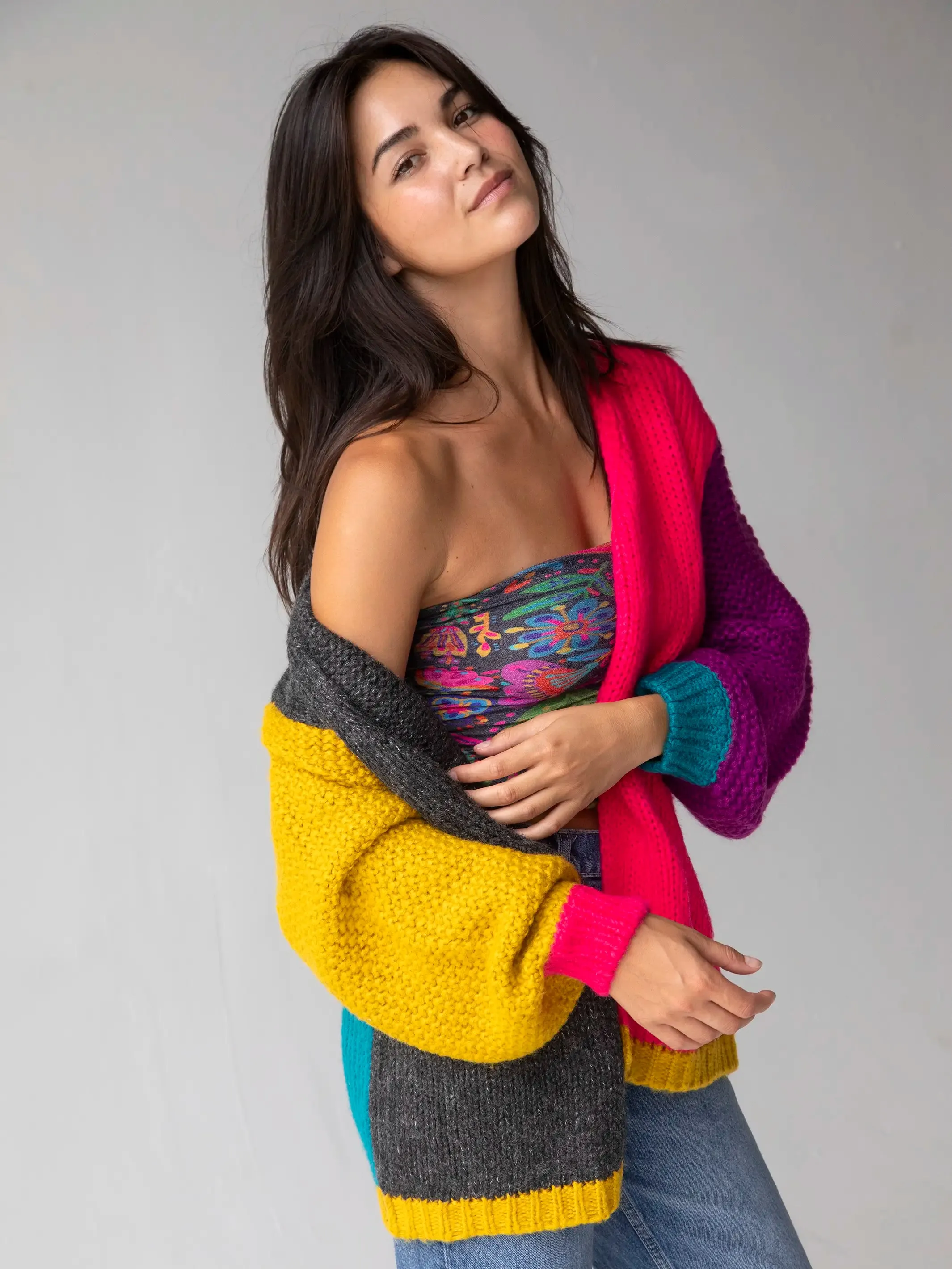 Oversized Color Block Cardigan Sweater - Multicolored