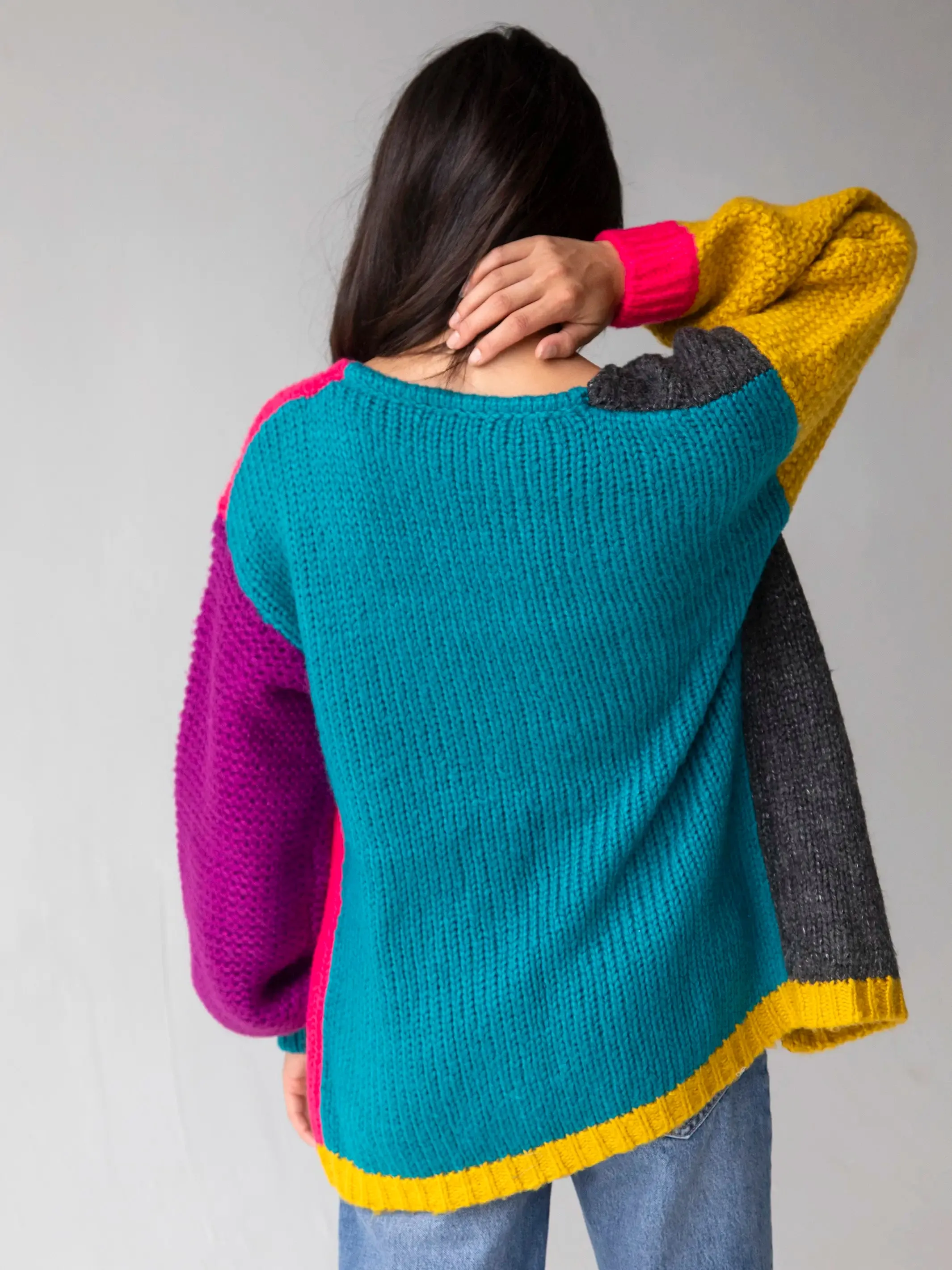 Oversized Color Block Cardigan Sweater - Multicolored