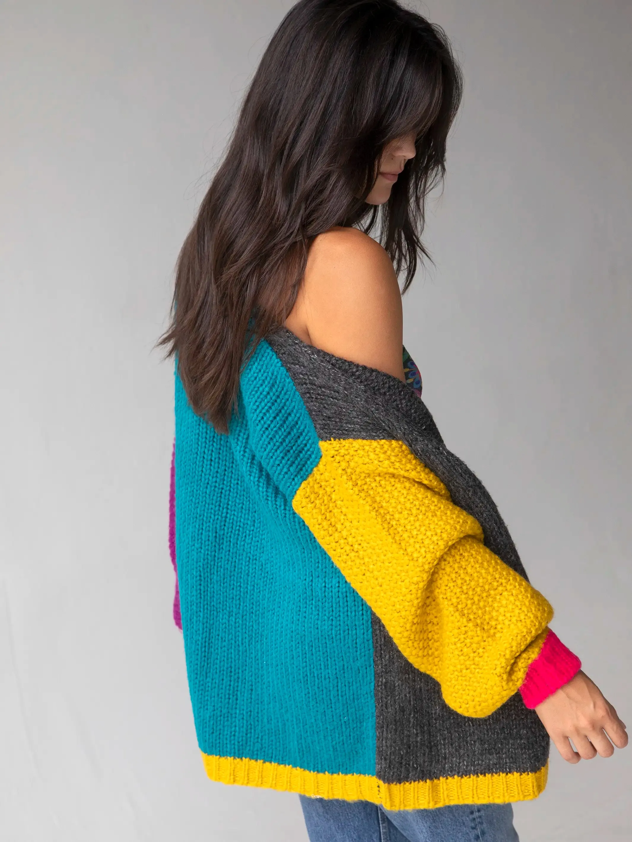 Oversized Color Block Cardigan Sweater - Multicolored
