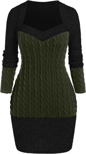 ROSE GAL Rosegal Women Plus Size Sweetheart Neck Two Tone Bodycon Long Sleeve Cable Knit Ribbed Mini Sweater Dress