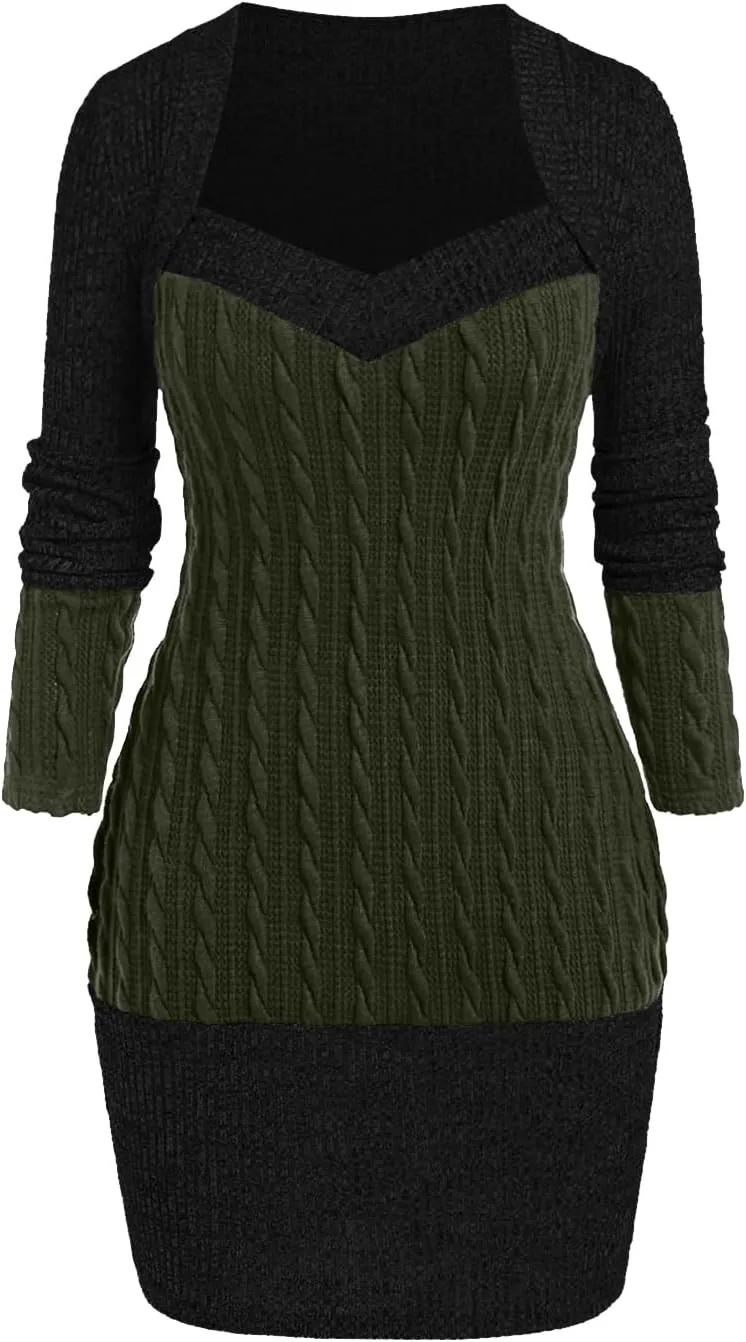 ROSE GAL Rosegal Women Plus Size Sweetheart Neck Two Tone Bodycon Long Sleeve Cable Knit Ribbed Mini Sweater Dress