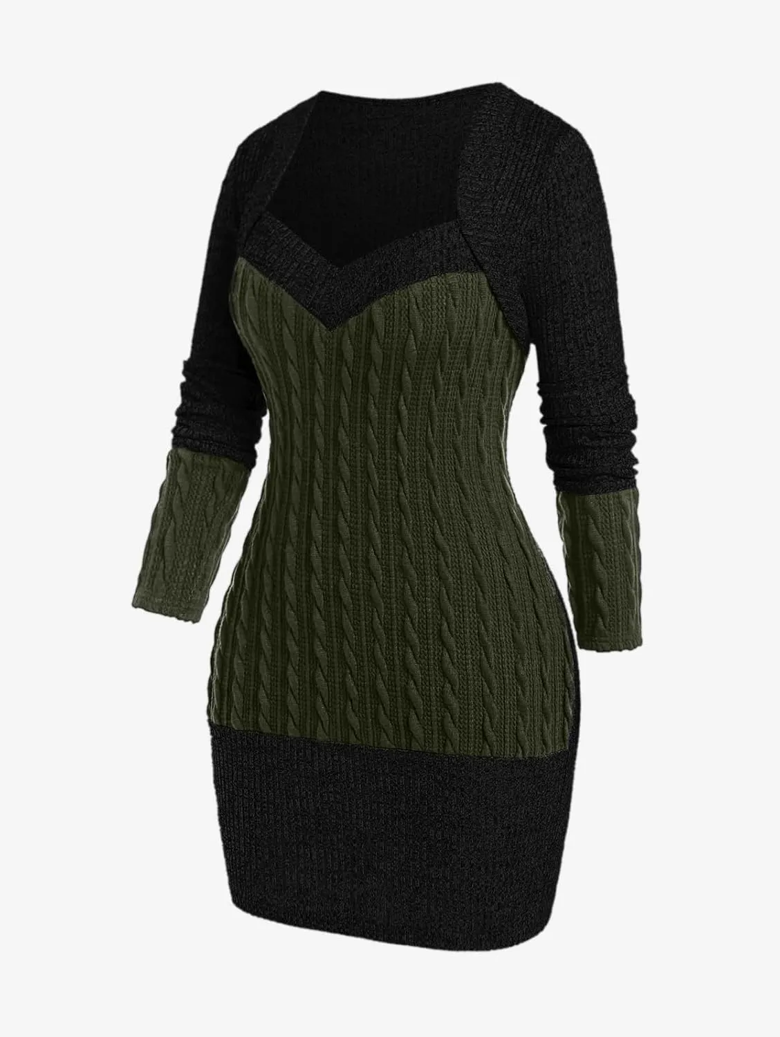 ROSE GAL Rosegal Women Plus Size Sweetheart Neck Two Tone Bodycon Long Sleeve Cable Knit Ribbed Mini Sweater Dress