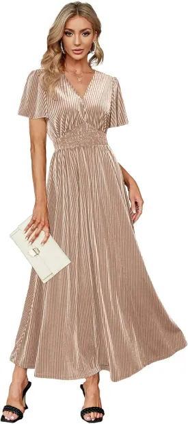 Simplee Womens V Neck Velvet Maxi Dress Short Sleeve Empire Waist Long Formal Dress for Wedding Guest