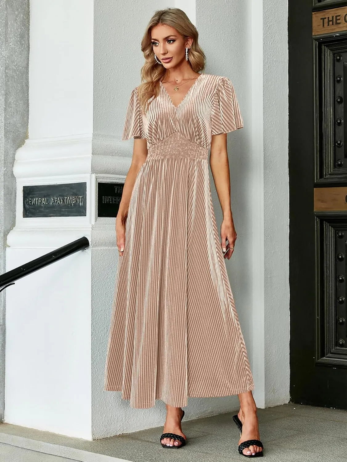 Simplee Womens V Neck Velvet Maxi Dress Short Sleeve Empire Waist Long Formal Dress for Wedding Guest