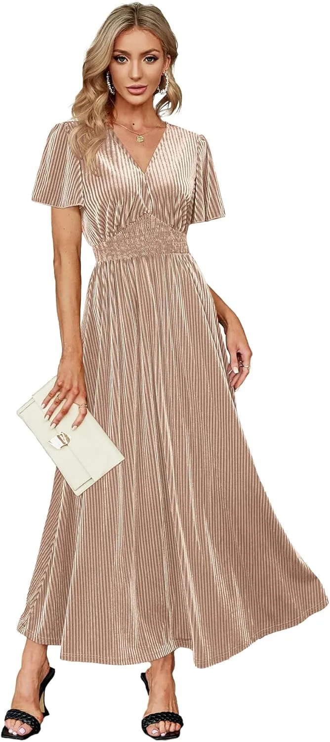 Simplee Womens V Neck Velvet Maxi Dress Short Sleeve Empire Waist Long Formal Dress for Wedding Guest