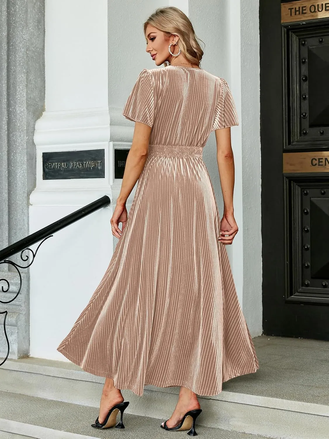 Simplee Womens V Neck Velvet Maxi Dress Short Sleeve Empire Waist Long Formal Dress for Wedding Guest