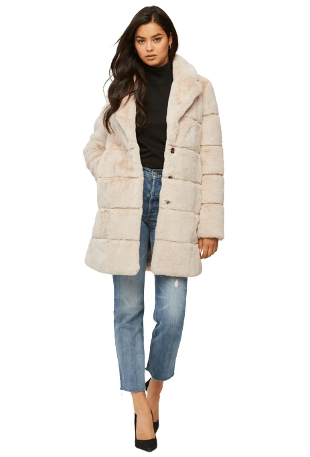 Soia & Kyo JOAN Above-Knee-Length Faux Fur Coat with Notch Collar - Sandstone