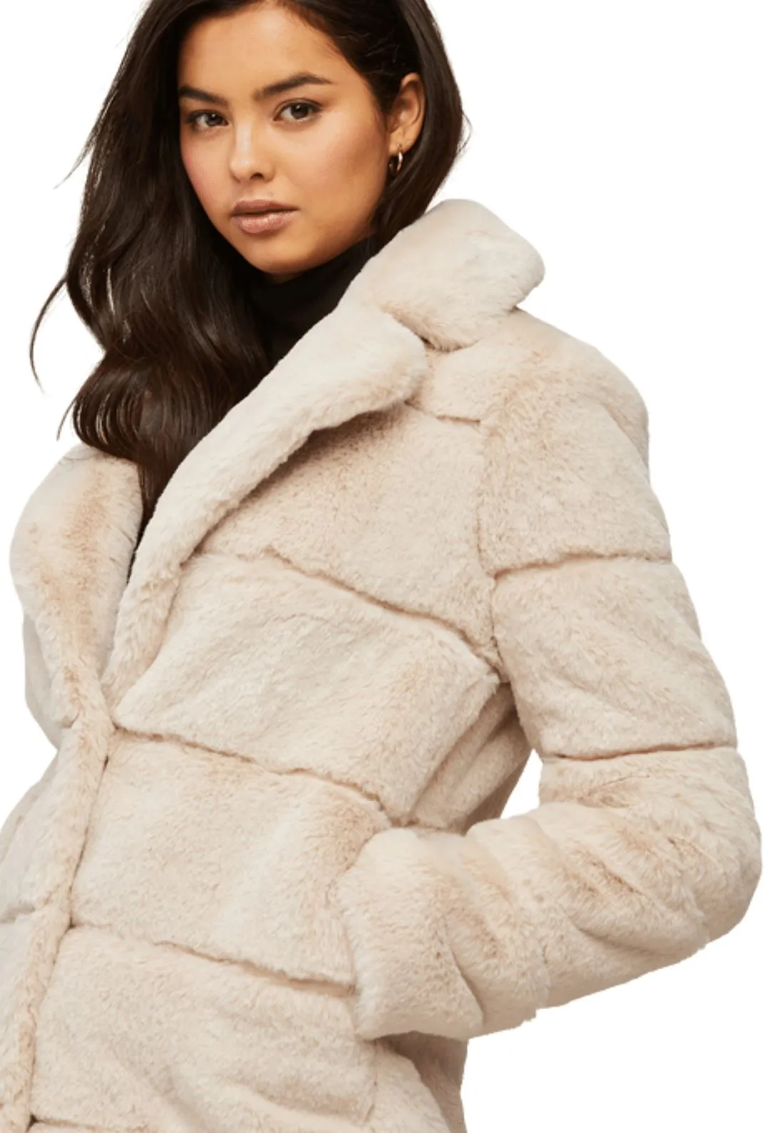 Soia & Kyo JOAN Above-Knee-Length Faux Fur Coat with Notch Collar - Sandstone
