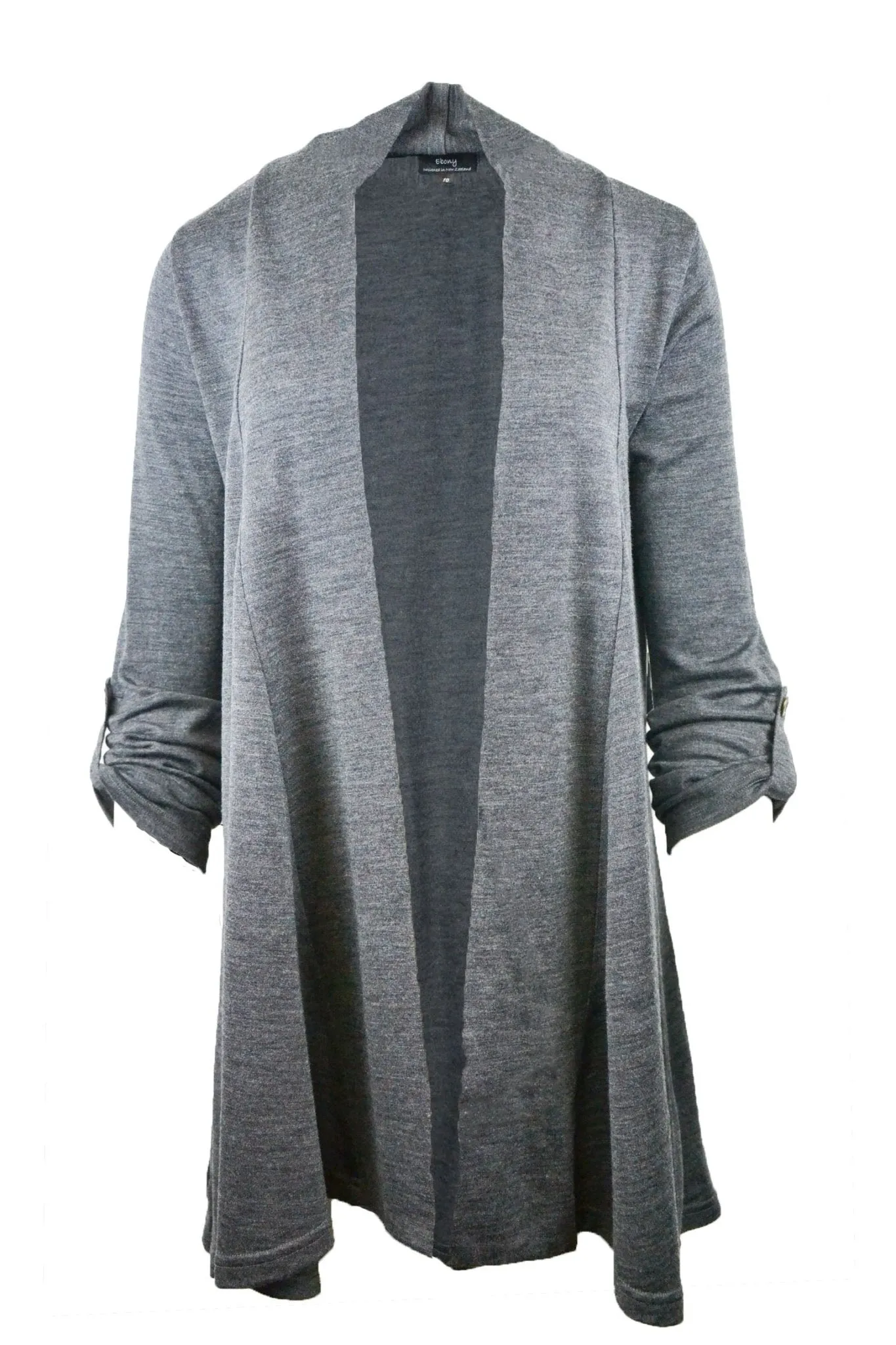 TAB SLEEVE 100% MERINO EDGE TO EDGE A-LINE CARDIGAN CHARCOAL