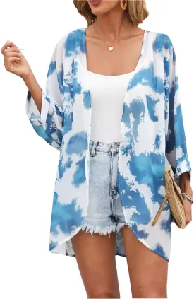 Tribear Women Chiffon Kimono Cardigan Floral Printed Bat Sleeve Casual Capes Beach Cover up