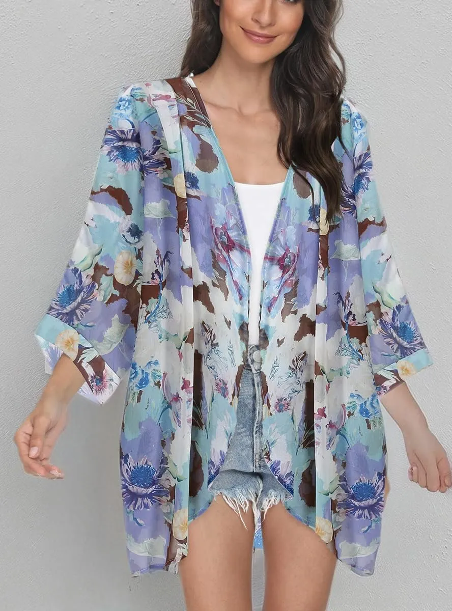 Tribear Women Chiffon Kimono Cardigan Floral Printed Bat Sleeve Casual Capes Beach Cover up