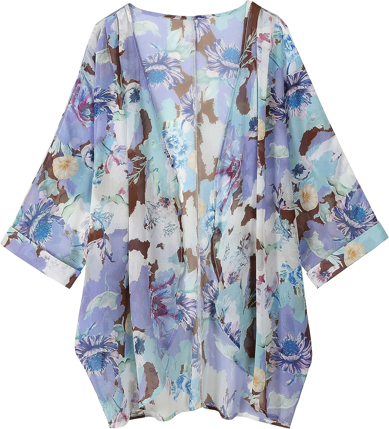 Tribear Women Chiffon Kimono Cardigan Floral Printed Bat Sleeve Casual Capes Beach Cover up