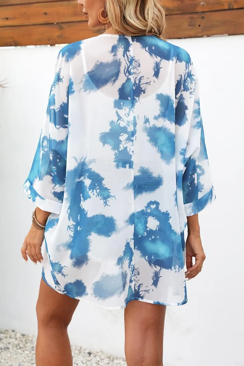 Tribear Women Chiffon Kimono Cardigan Floral Printed Bat Sleeve Casual Capes Beach Cover up
