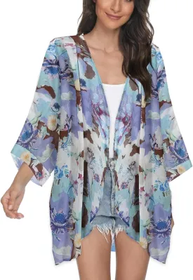 Tribear Women Chiffon Kimono Cardigan Floral Printed Bat Sleeve Casual Capes Beach Cover up