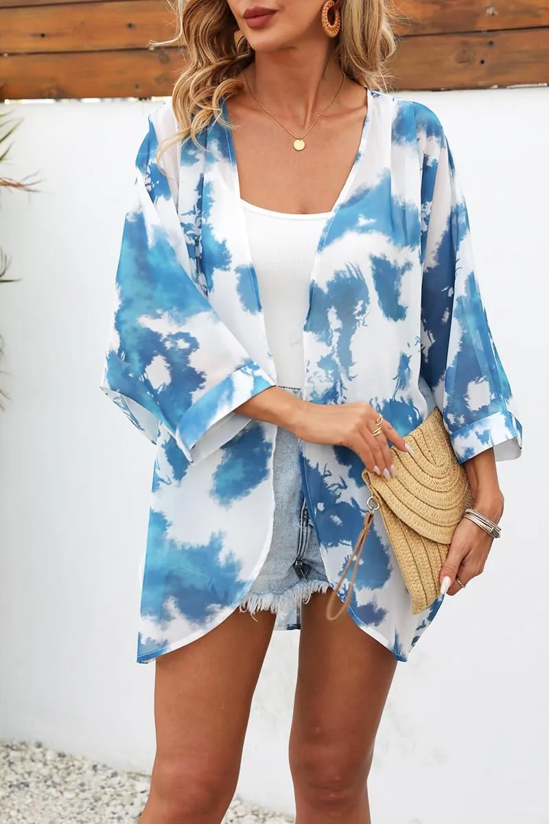 Tribear Women Chiffon Kimono Cardigan Floral Printed Bat Sleeve Casual Capes Beach Cover up