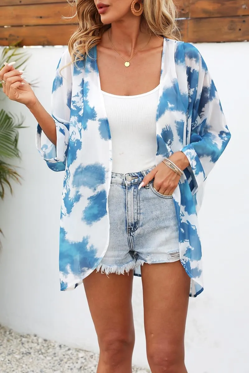 Tribear Women Chiffon Kimono Cardigan Floral Printed Bat Sleeve Casual Capes Beach Cover up