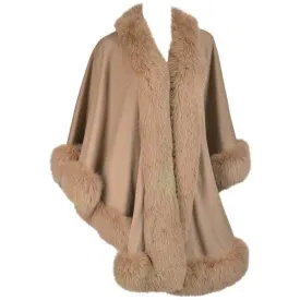 Vintage Taupe Wool Blend Knit Cape with Fox Fur Trim