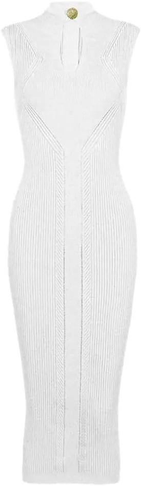 Vsadsau Women's Knitted Dress Slim Sleeveless Crewneck Hollow Slim Solid Color Midi Dresses