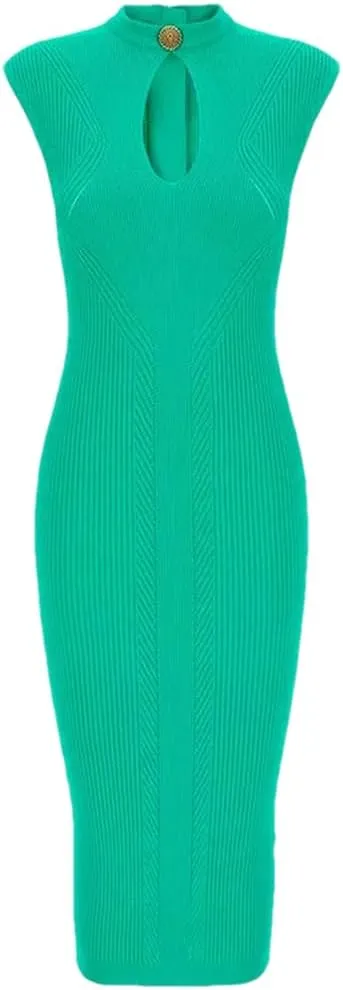 Vsadsau Women's Knitted Dress Slim Sleeveless Crewneck Hollow Slim Solid Color Midi Dresses