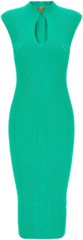 Vsadsau Women's Knitted Dress Slim Sleeveless Crewneck Hollow Slim Solid Color Midi Dresses