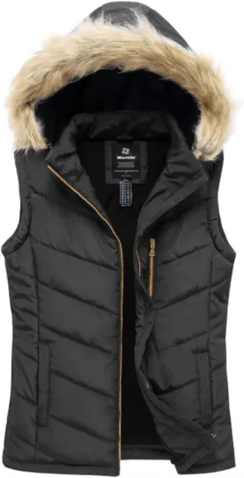 wantdo Women's Thicken Winter Vest Warm Puffer Vest with Removable Fur Hood