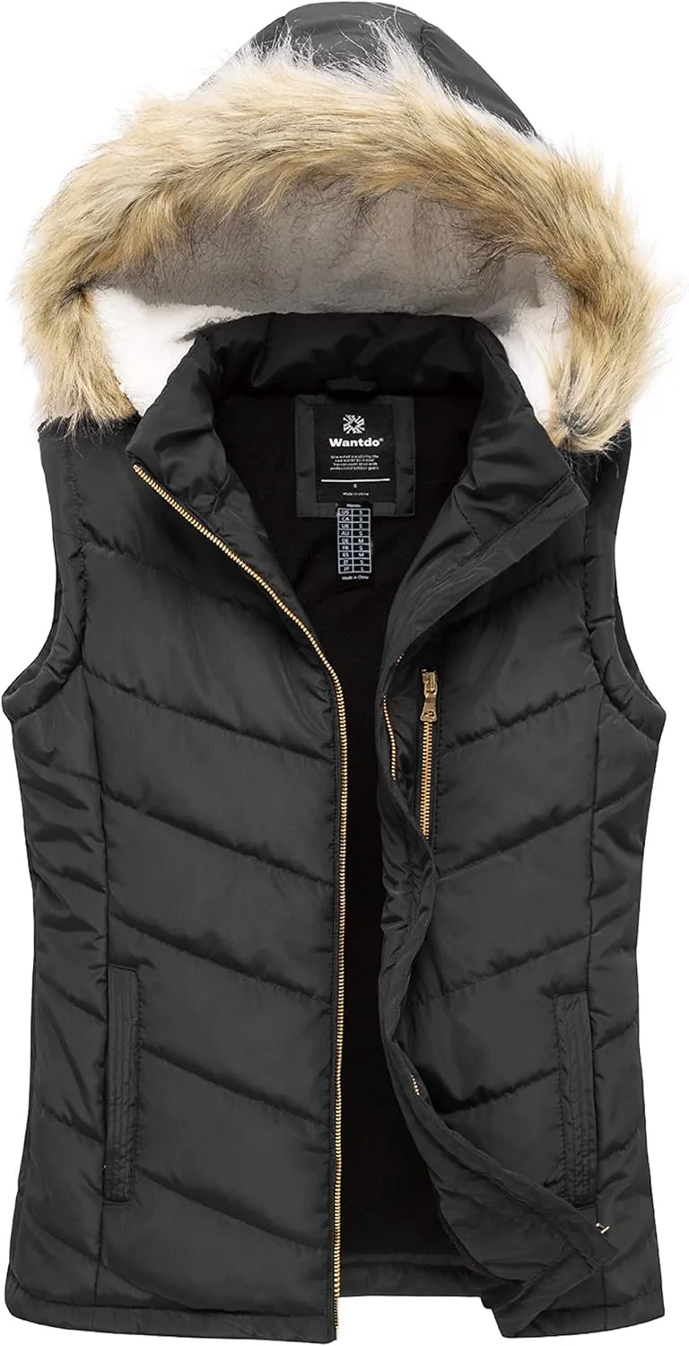 wantdo Women's Thicken Winter Vest Warm Puffer Vest with Removable Fur Hood