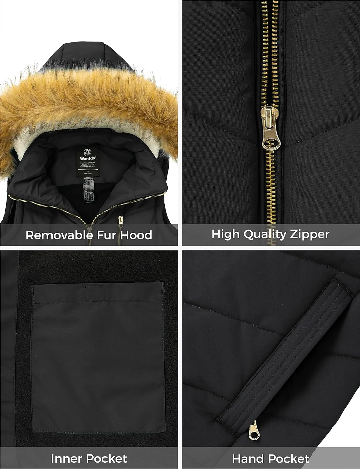 wantdo Women's Thicken Winter Vest Warm Puffer Vest with Removable Fur Hood