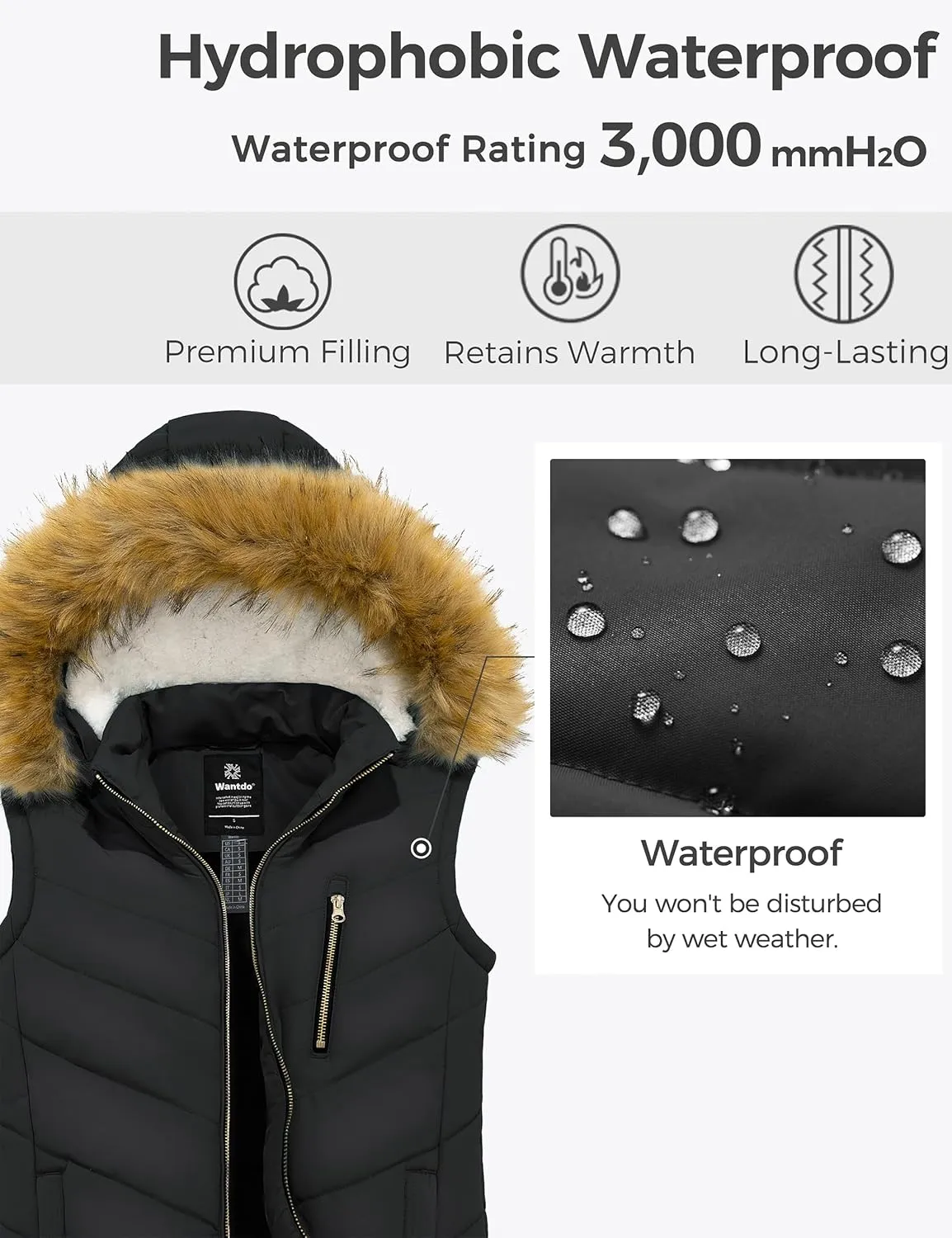 wantdo Women's Thicken Winter Vest Warm Puffer Vest with Removable Fur Hood